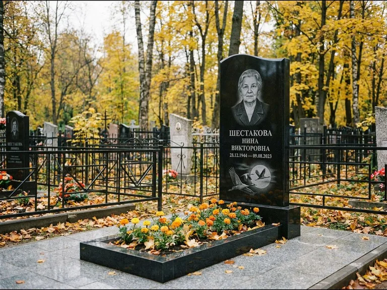 Памятник с гравировкой журавлей — гравировка клина журавлей на фоне солнечного диска, работа «Шестакова» в Иркутске