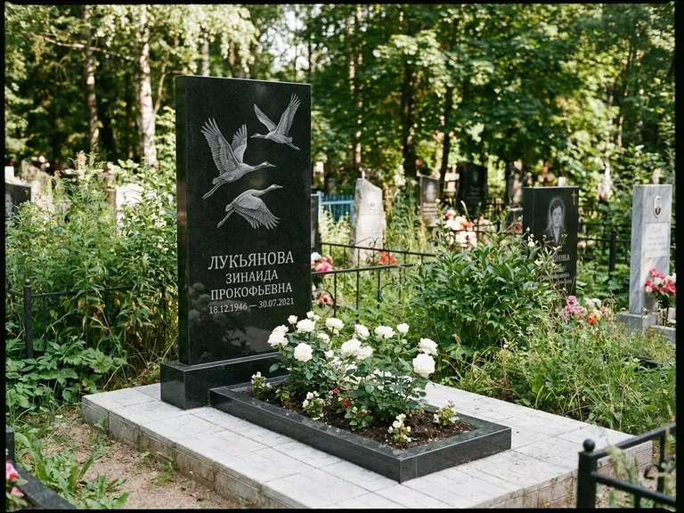 Памятник с гравировкой журавлей — гравировка журавлей, работа «Лукьянова» в Иркутске