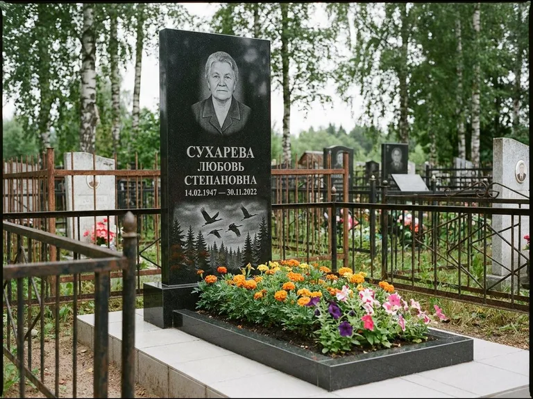 Памятник с гравировкой журавлей — гравировка силуэтов журавлей над еловым лесом, работа «Сухарева» в Иркутске