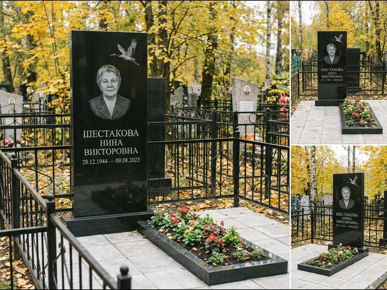 Памятник с гравировкой журавлей — гравировка одиночного летящего журавля над портретом, работа «Шестакова» в Иркутске