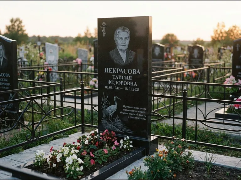 Памятник с гравировкой журавлей — гравировка журавля у камышей рядом с эпитафией, работа «Некрасова» в Иркутске