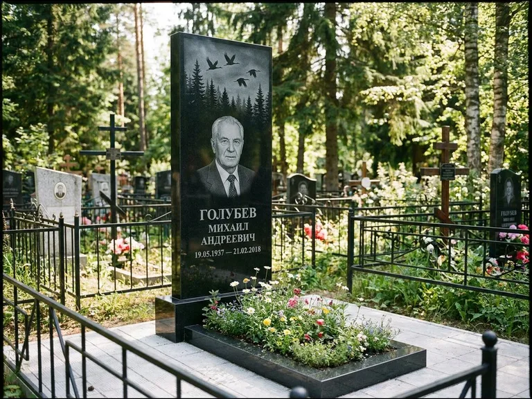 Памятник с гравировкой журавлей — гравировка силуэтов журавлей над еловым лесом, работа «Голубев» в Иркутске