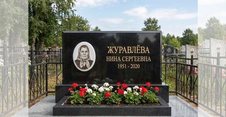 Мраморный памятник, Пример памятника из гранита, установленного мастерской на кладбище в Самарской области