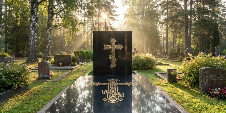 Гравировка креста на памятнике в Иркутске — православный восьмиконечный крест на граните