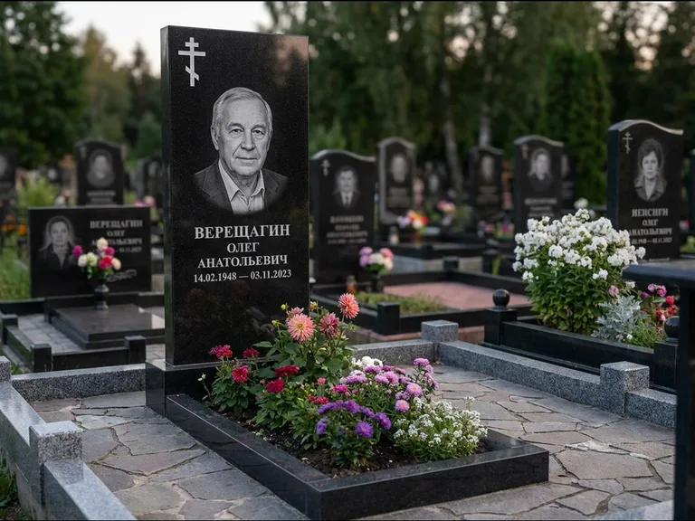 Памятник из чёрного гранита — горизонтальная плита-стела с православным восьмиконечным крестом, работа «Тихонов» в Иркутске