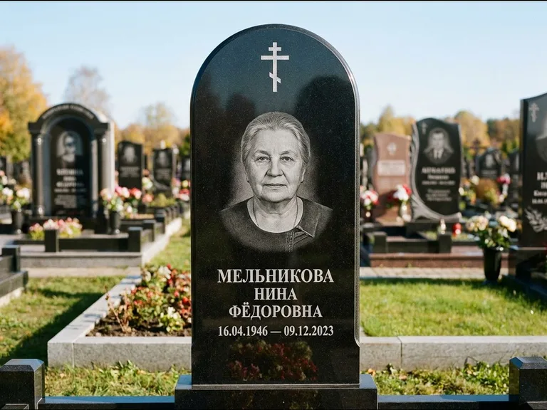 Памятник из чёрного гранита — стела с резным навершием с латинским крестом, работа «Савельева» в Иркутске
