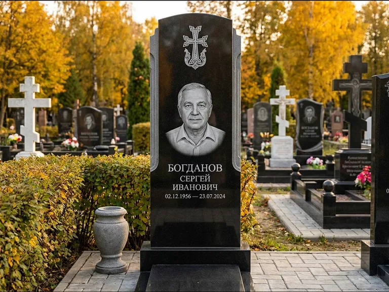Памятник из чёрного гранита — круглая стела-медальон с армянским хачкаром, работа «Ковалёв» в Иркутске
