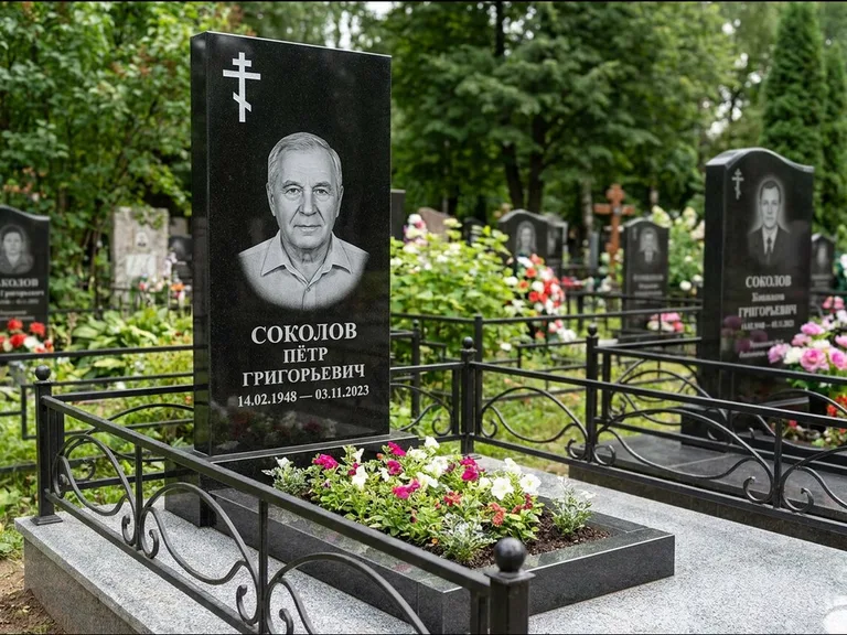 Памятник из чёрного гранита — стела с арочным верхом с православным восьмиконечным крестом, работа «Ковалёв» в Иркутске