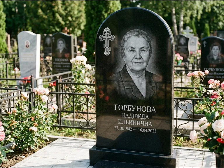 Памятник из чёрного гранита — стела с боковой колонной с крестом в лучах, работа «Мельникова» в Иркутске