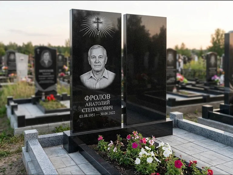 Памятник из чёрного гранита — стела на ступенчатом постаменте с золочёным крестом, работа «Богданов» в Иркутске