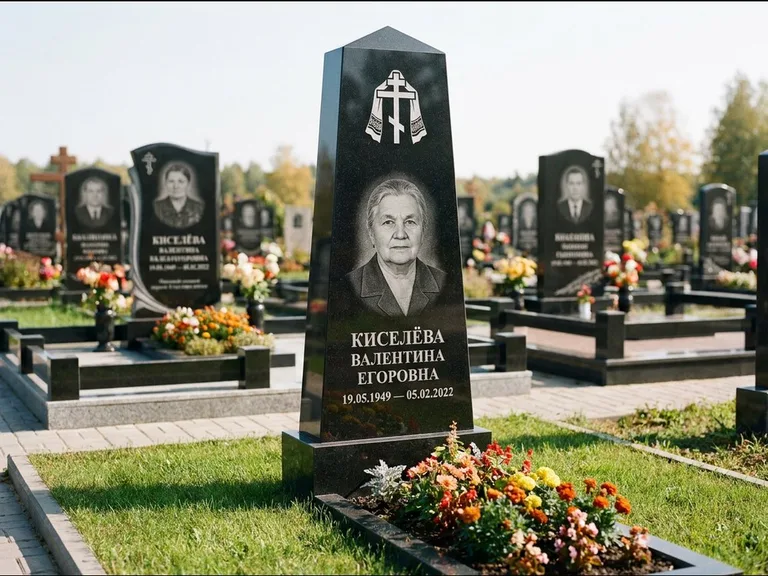 Памятник из чёрного гранита — стела со скошенным верхом с ажурным резным крестом, работа «Селезнёва» в Иркутске