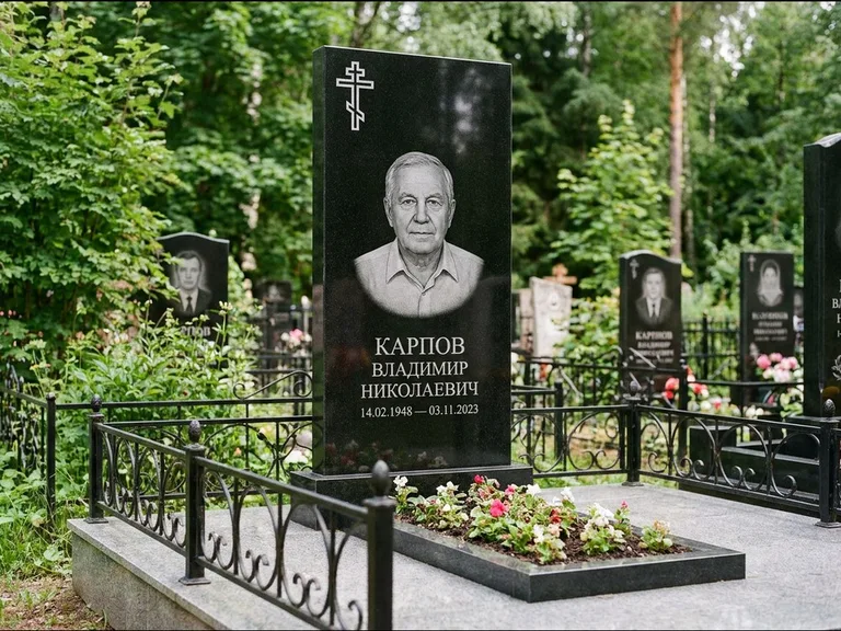 Памятник из чёрного гранита — узкая стела с ажурным крестом с православным восьмиконечным крестом, работа «Гущин» в Иркутске
