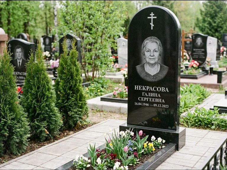 Памятник из чёрного гранита — стела с цветником-плитой с латинским крестом, работа «Лаврентьева» в Иркутске