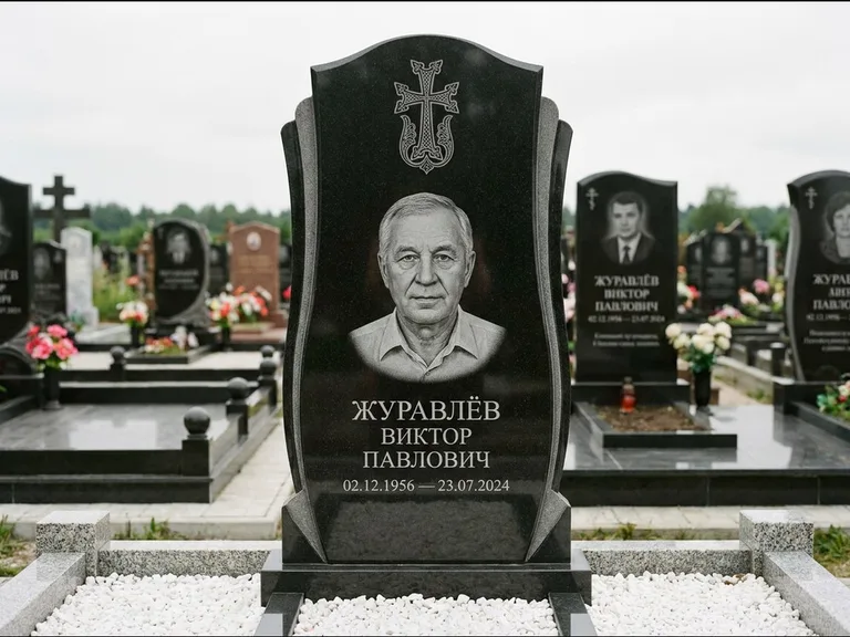 Памятник из чёрного гранита — панорамная стела с армянским хачкаром, работа «Тихонов» в Иркутске