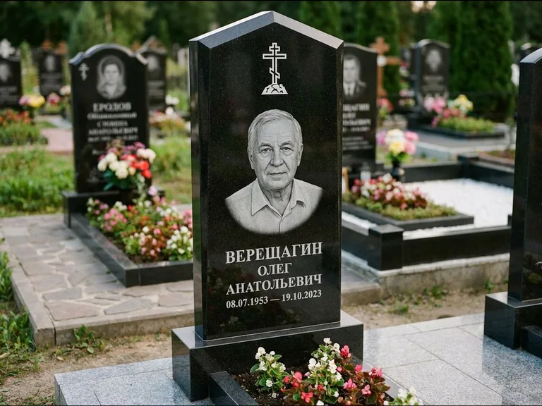 Памятник из чёрного гранита — обелиск-колонна с крестом на Голгофе, работа «Ковалёв» в Иркутске