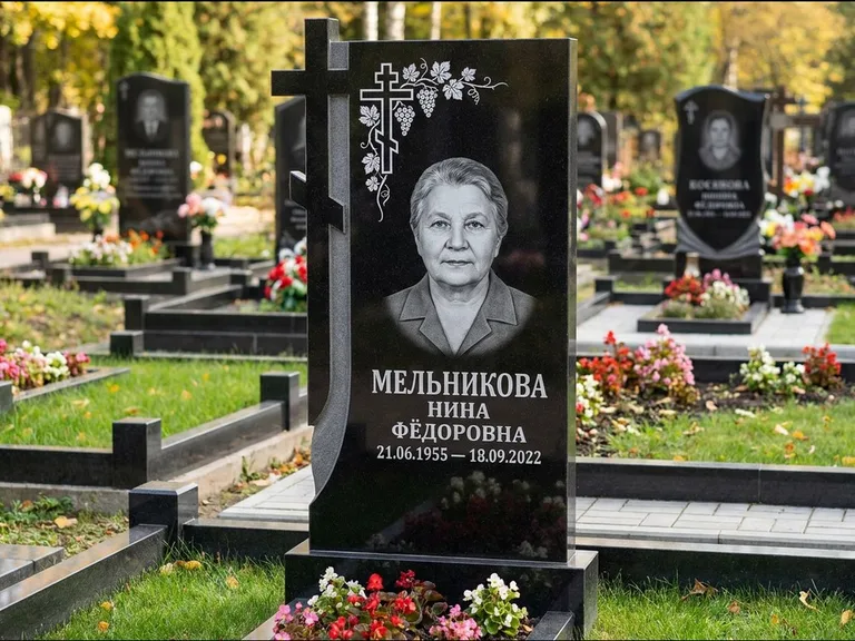 Памятник из чёрного гранита — стела с резной рамкой с крестом с распятием, работа «Некрасова» в Иркутске