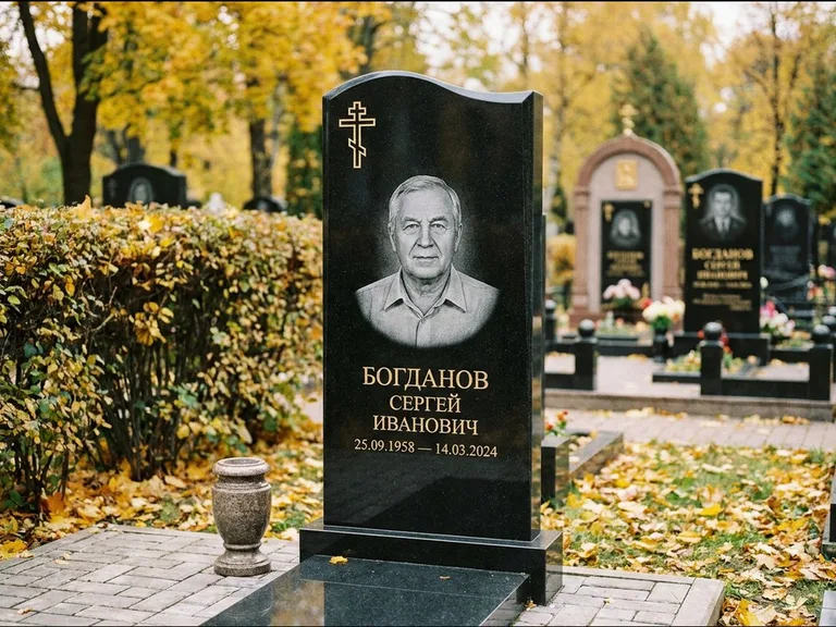 Памятник из чёрного гранита — стела с цветником с процветшим крестом с виноградной лозой, работа «Журавлёв» в Иркутске
