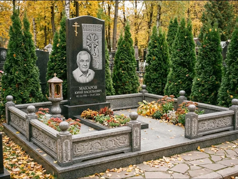 Памятник из чёрного гранита — стела с крестом и лампадой с армянским хачкаром, работа «Гущин» в Иркутске