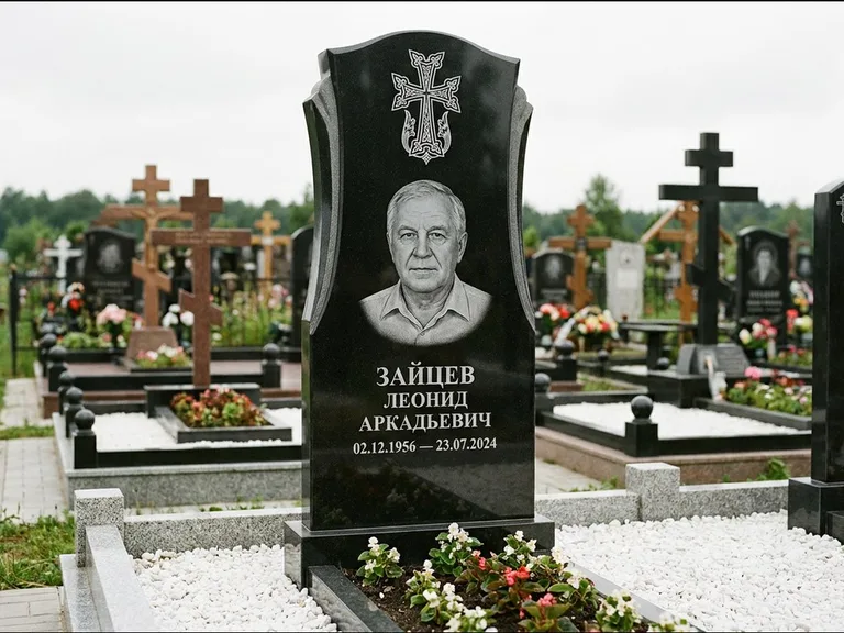 Памятник из чёрного гранита — семейная стела на двоих с армянским хачкаром, работа «Журавлёв» в Иркутске
