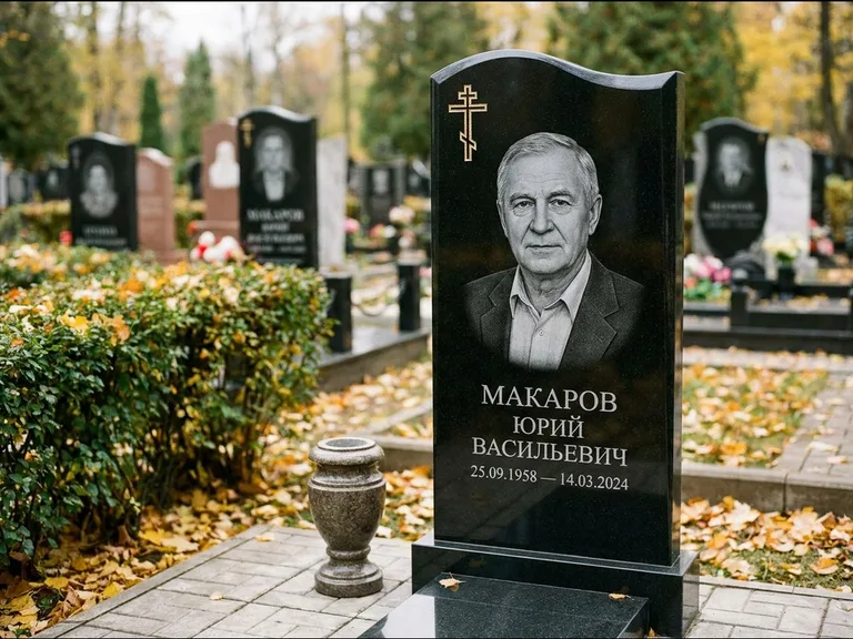 Памятник из чёрного гранита — фигурная стела с киот-нишей с процветшим крестом с виноградной лозой, работа «Богданов» в Иркутске