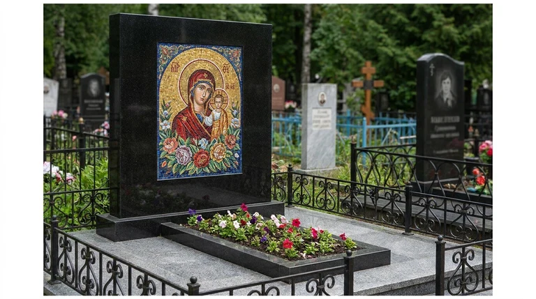 Мозаика на памятник в Иркутске — цветное панно из смальты на чёрной гранитной стеле