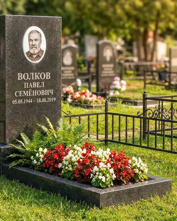 Тёмно-серый памятник под ключ с художественной гравировкой в Иркутске