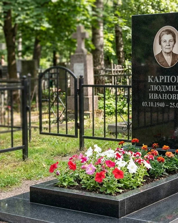 Памятник под ключ с низкой оградой и цветником в Иркутске