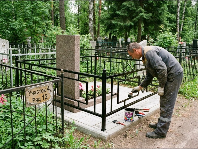 Покраска оградки на кладбище в Иркутске — мастер красит металлическую ограду на могиле чёрной эмалью