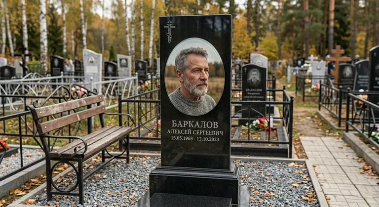 Овальный портрет на стекле на чёрной гранитной стеле в Иркутске
