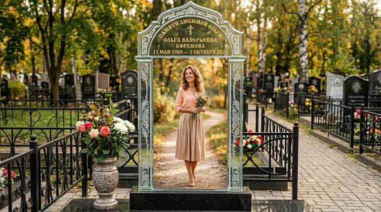 Портрет на стекле в форме арки на памятнике в Иркутске