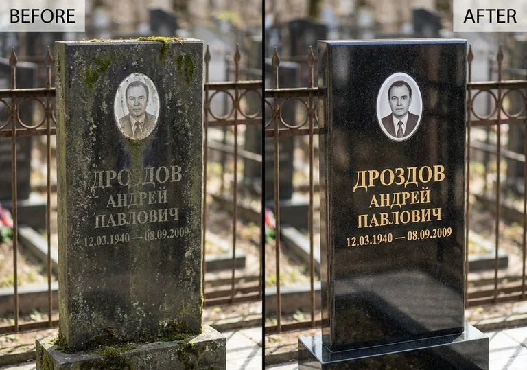 Чистка и полировка гранитного памятника: до и после в Иркутске