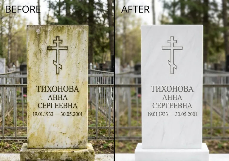 Восстановление мраморного надгробия от желтизны: до и после в Иркутске