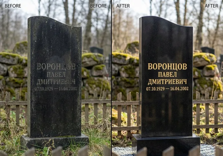Золочение и обновление надписей на памятнике: до и после в Иркутске