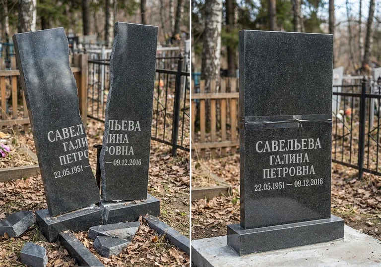 Склейка расколотого гранитного памятника: до и после в Иркутске