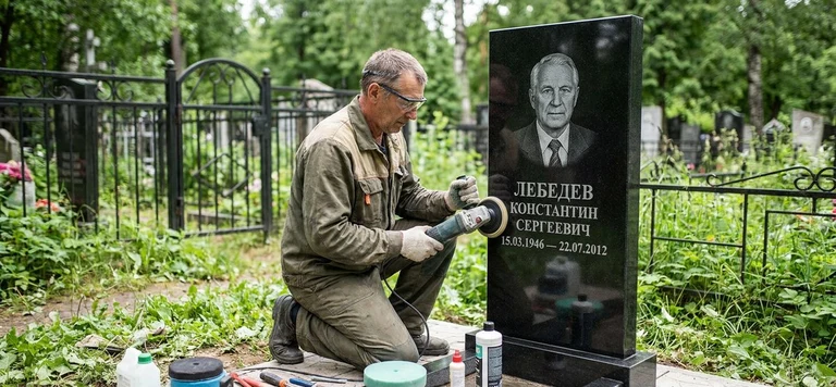 Реставрация памятника в Иркутске — восстановление гранита, заделка трещин и обновление надписей на кладбище