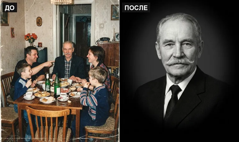 Ретушь фото на памятник — выделение из группового: до и после в Иркутске