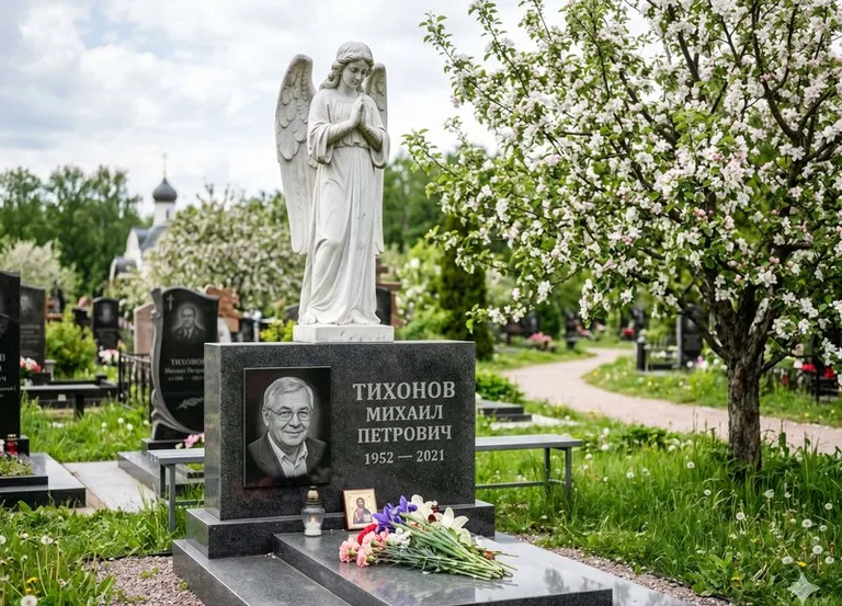 Мраморный молящийся ангел на гранитном памятнике весной в Иркутске
