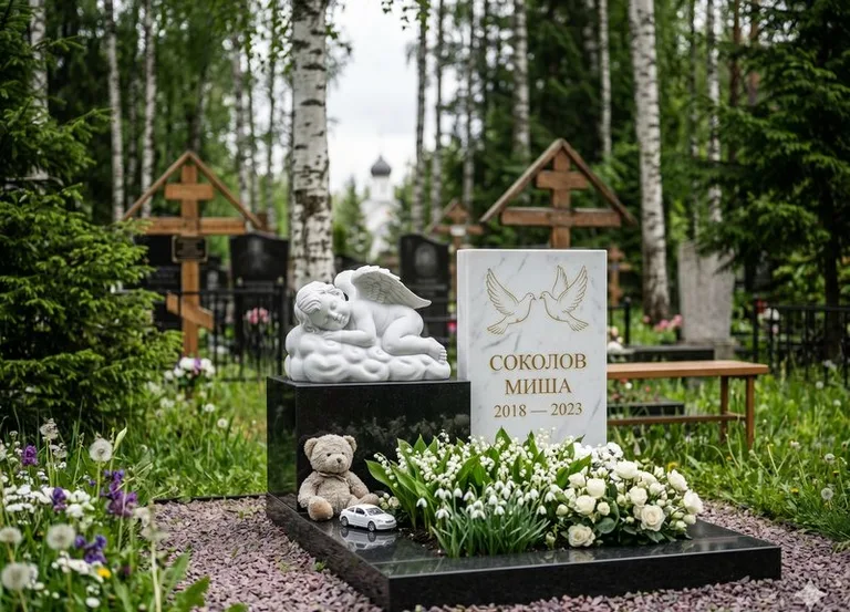 Белый ангелочек на детском памятнике в Иркутске