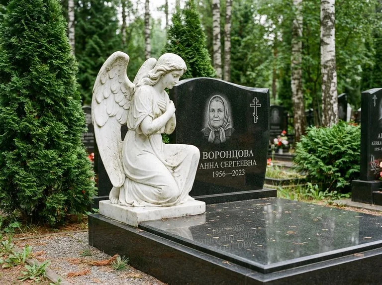 Белый мраморный ангел на гранитном памятнике в Иркутске