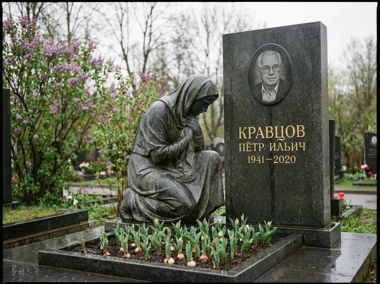 Гранитная скорбящая фигура у стелы на кладбище в Иркутске