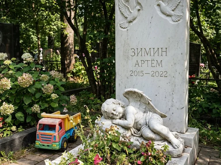 Спящий ангелочек на детском памятнике в Иркутске