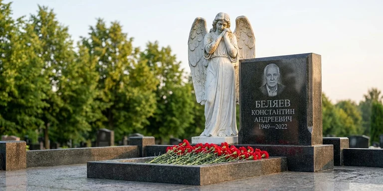 Скульптура на памятник в Иркутске — мраморный ангел на гранитном мемориале