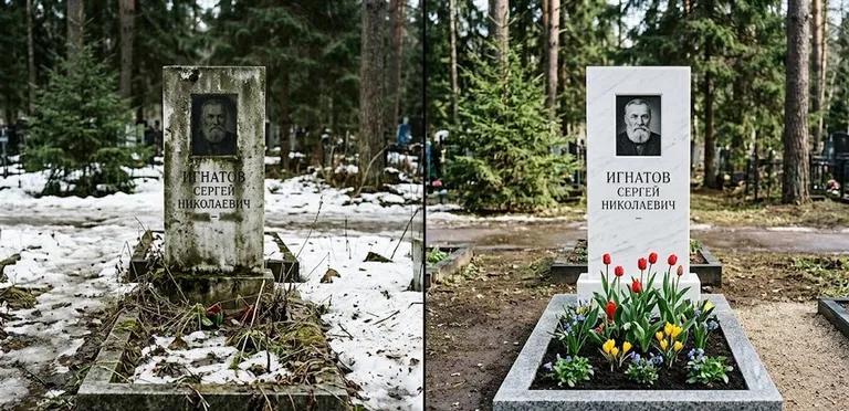 Диптих №6: высадка хризантем у подножия серого гранита — до и после уборки в Иркутске