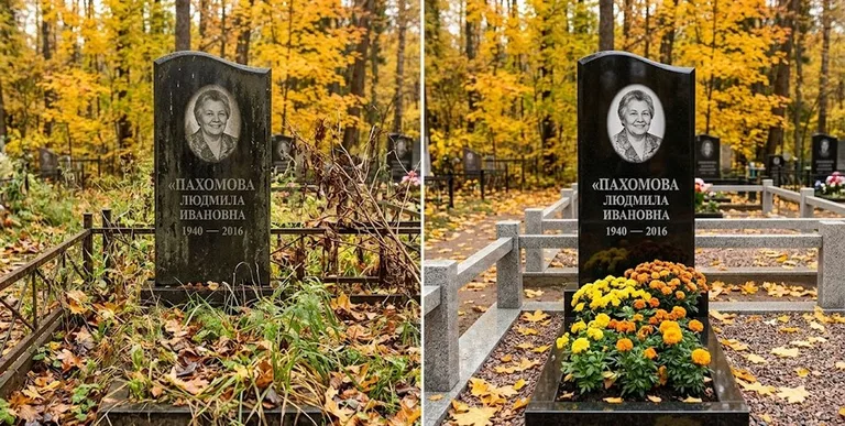 Уборка могилы до и после осенью — клёны в Иркутске