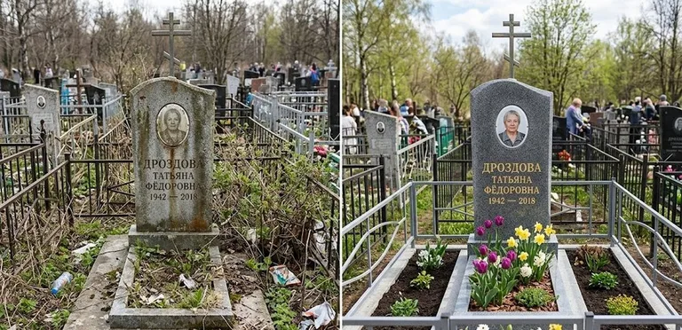 Диптих №4: свежепокрашенная серебром оградка и отмытый красный гранит — до и после в Иркутске