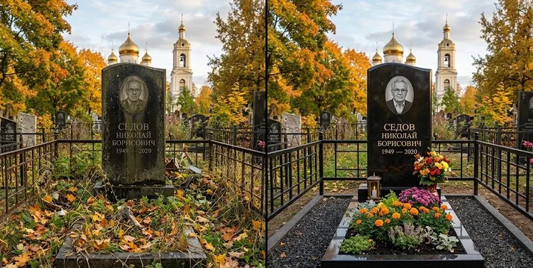 Уборка могилы до и после осенью — у церкви в Иркутске