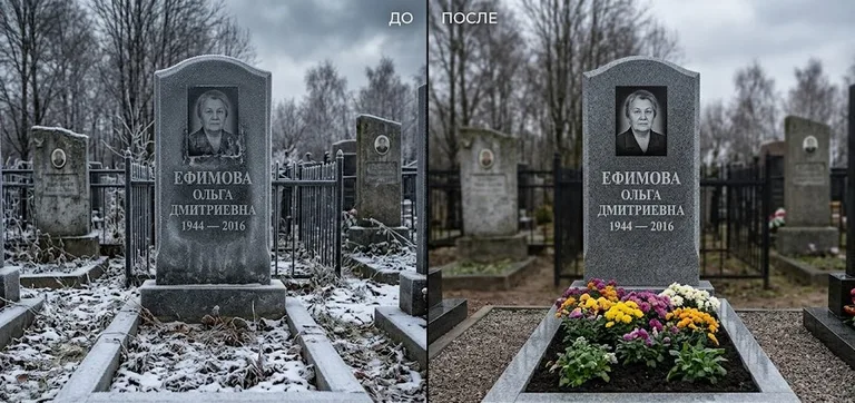 Диптих №11: участок с низкой металлической оградкой — помыты прутья и памятник в Иркутске