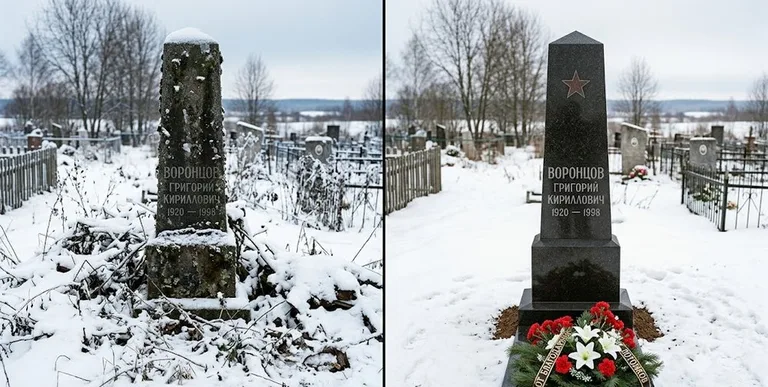 Уборка могилы до и после зимой — воинский обелиск в Иркутске