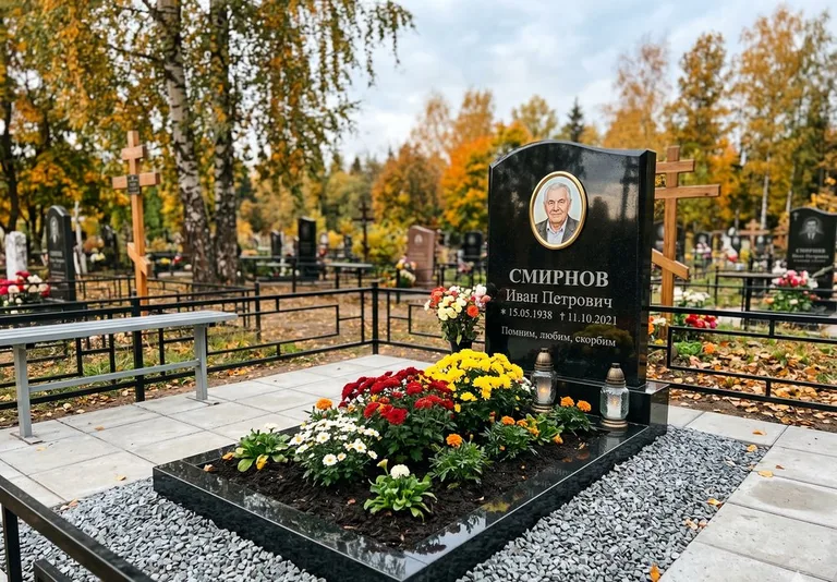 Ухоженная могила после уборки и мойки памятника в Иркутске