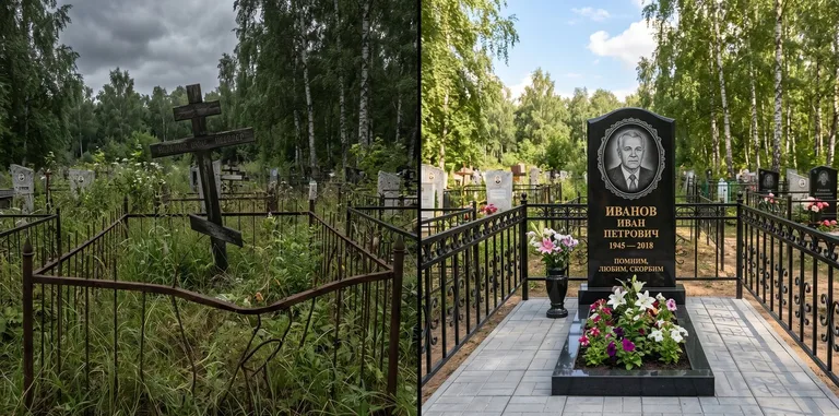 Благоустройство могилы до и после установки памятника в Иркутске